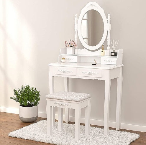 Vanity Table Set With 4 Drawer, Makeup Dressing Table W Cushioned Stool, Girls Women Bedroom Furniture Set Oval Mirror