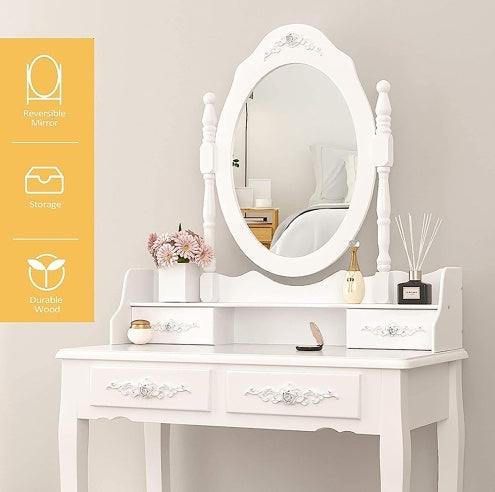 Vanity Table Set With 4 Drawer, Makeup Dressing Table W Cushioned Stool, Girls Women Bedroom Furniture Set Oval Mirror