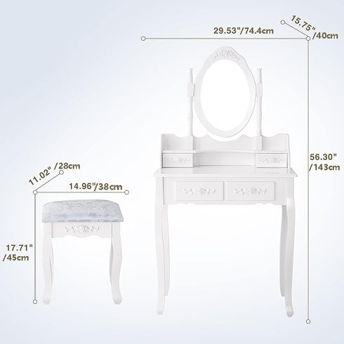 Vanity Table Set With 4 Drawer, Makeup Dressing Table W Cushioned Stool, Girls Women Bedroom Furniture Set Oval Mirror