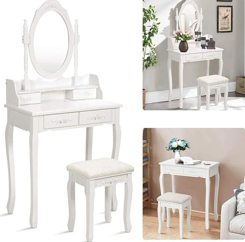 Vanity Table Set With 4 Drawer, Makeup Dressing Table W Cushioned Stool, Girls Women Bedroom Furniture Set Oval Mirror