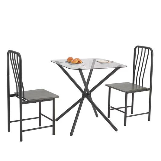 Dining Set For 2, Square Glass Tempered Dining Table With 4 Legs And 2 Metal Chair For Home Office Kitchen Dining Room, Black & Brown